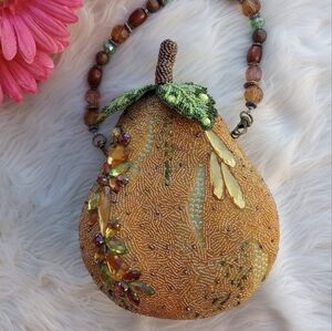 Mary Frances Pearidise Beaded Golden Pear Fruit Wristlet Bag
